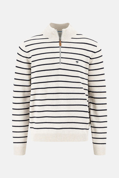 Pull col roulé écru de FYNCH-HATTON avec rayures marines horizontales et fermeture éclair courte.