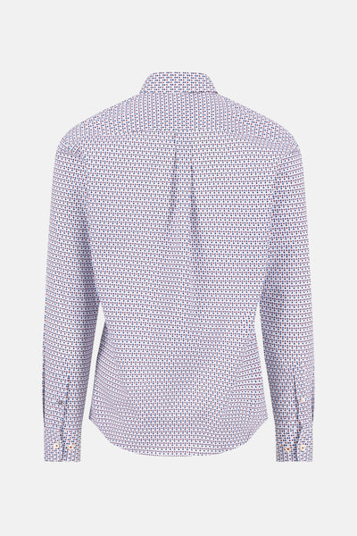 Chemise à manches longues bleue de FYNCH-HATTON, avec motif à pois sur fond blanc, vue de dos.