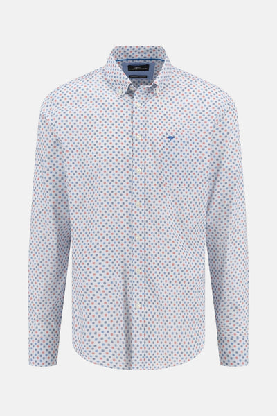 Blauwe blouse met lange mouwen van FYNCH-HATTON, met blauw en rood stippenpatroon.