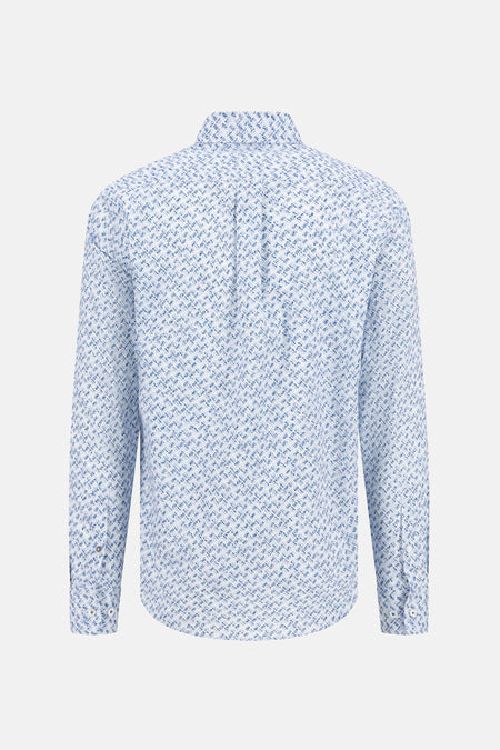Blaauw-shirtYN FYNYN-HYNTON met met lange lange, een subtiel geometrisch patroon over de gehele lengte.