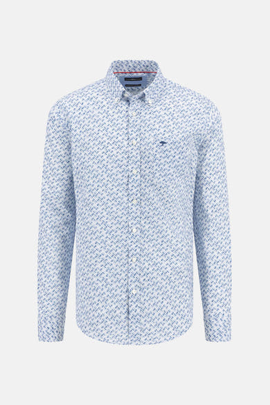 Chemise à manches longues bleue de FYNCH-HATTON, ornée d'un motif géométrique subtil et d'un logo discret.