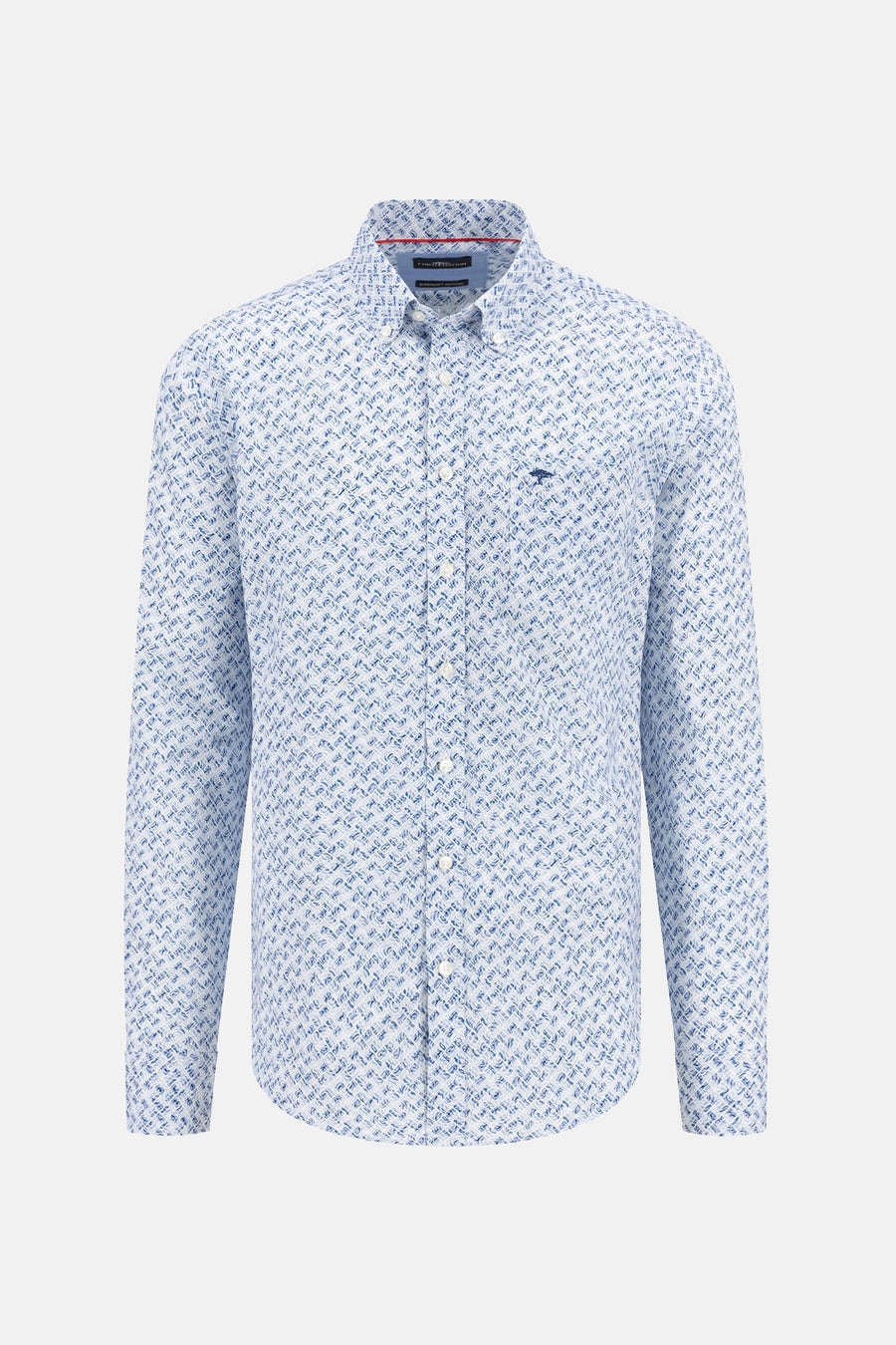 Chemise à manches longues bleue de FYNCH-HATTON, ornée d'un motif géométrique subtil et d'un logo discret.