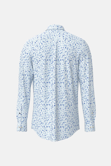 Chemise à manches longues bleue à motifs floraux par FYNCH-HATTON, vue de dos, avec des détails de boutons.
