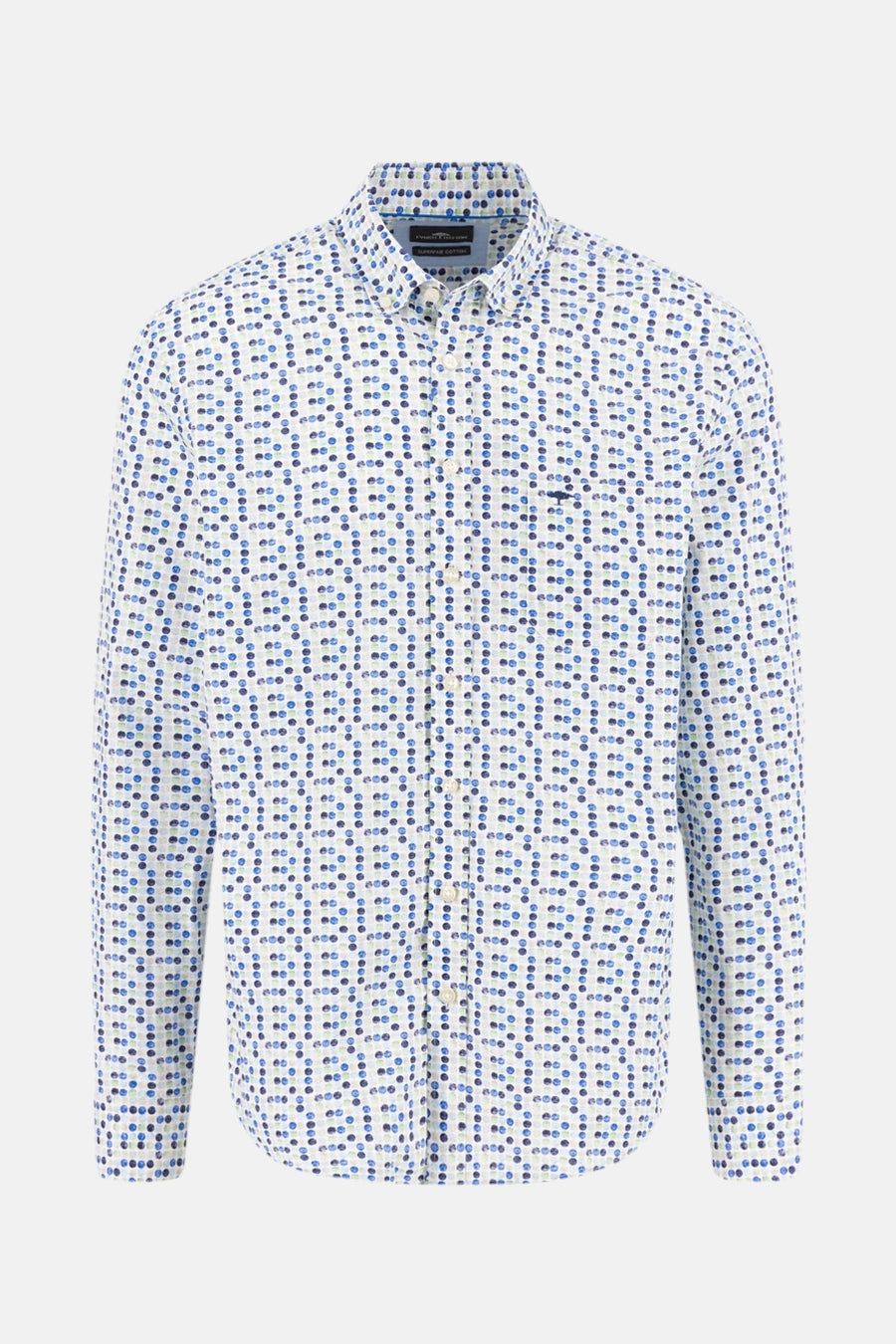 Groene lange mouw chemise door FYNCH-HATTON, met blauwe en witte cirkelmotief op een blank fond.