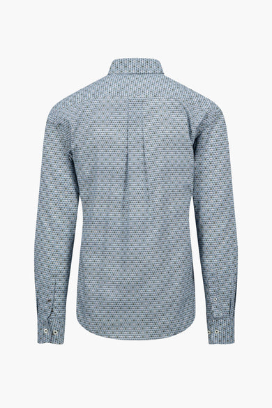 Chemise à manches longues bleue de FYNCH-HATTON avec un motif géométrique complexe et des manches boutonnées.