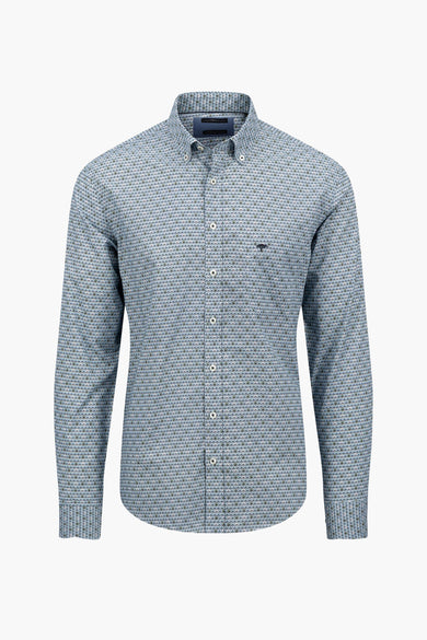 Chemise à manches longues bleue de FYNCH-HATTON, à motif imprimé, avec patte de boutonnage.