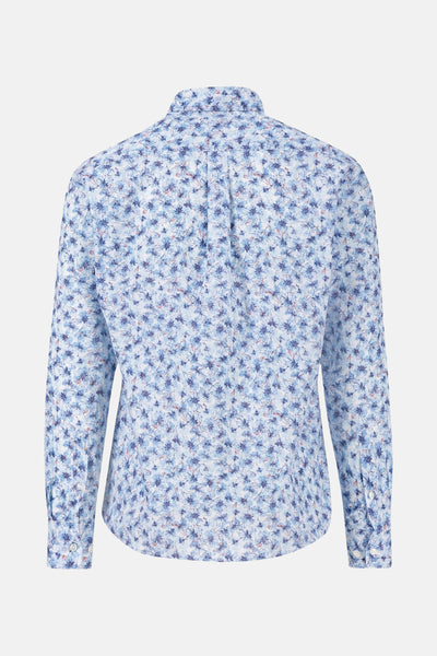 Chemise à manches longues bleue de FYNCH-HATTON avec un motif floral sur fond blanc, vue de dos.