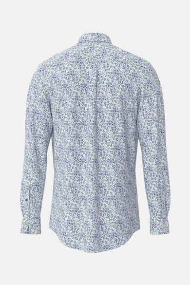 Chemise à manches longues bleue de FYNCH-HATTON, à motif floral sur fond blanc, vue de dos.