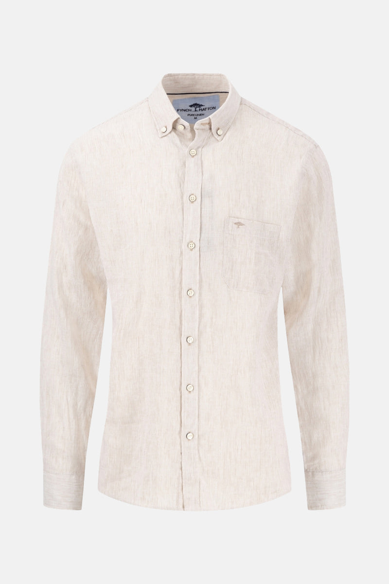 Beige overhemd met lange mouwen van FYNCH-HATTON, met subtiele verticale strepen.
