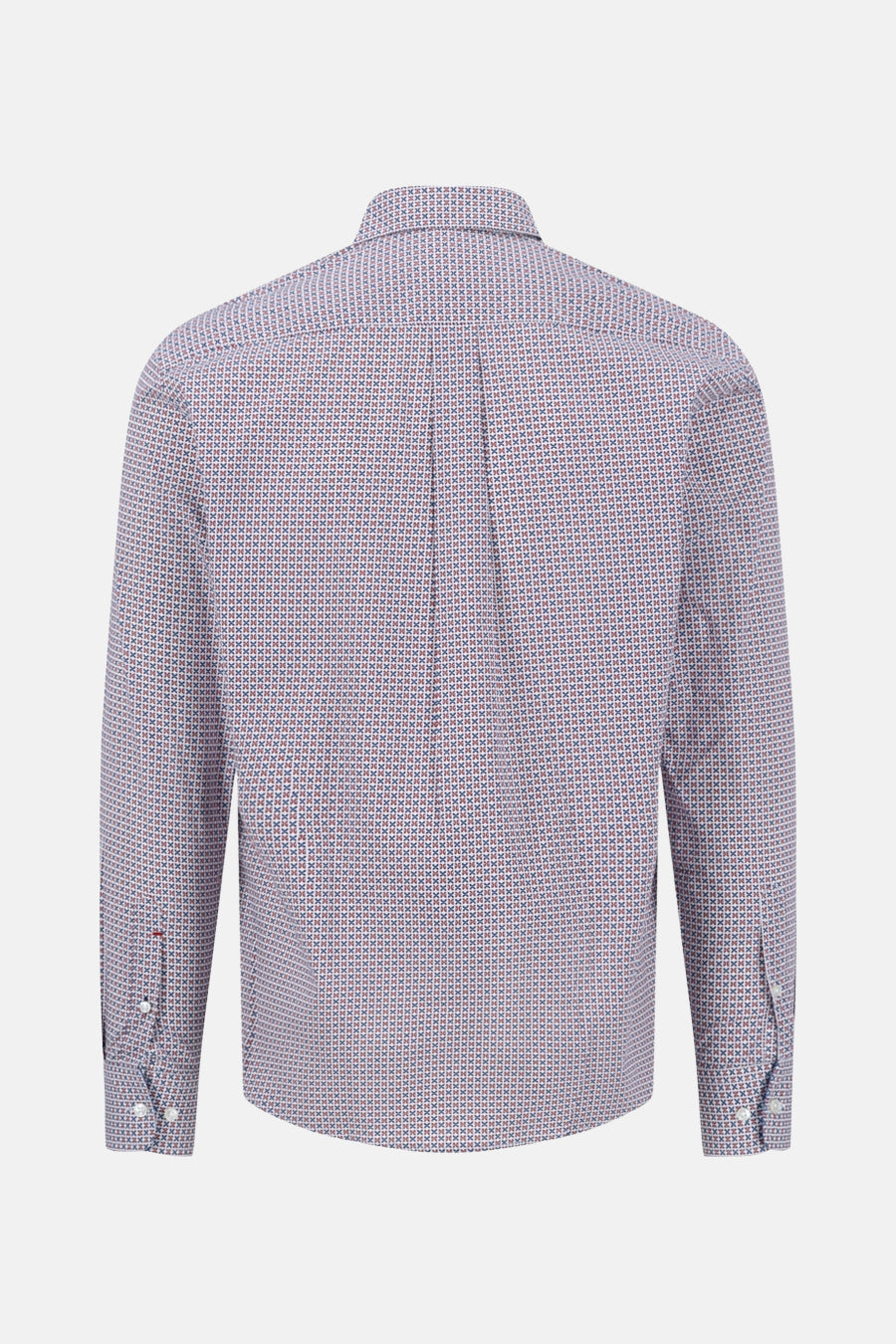 Chemise à manches longues rouge à motifs de FYNCH-HATTON, vue de dos, avec plis et boutons.