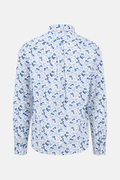 Chemise à manches longues bleue de FYNCH-HATTON, à motif floral sur l'ensemble, vue de dos.