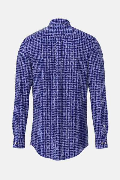 Chemise à manches longues bleue de FYNCH-HATTON avec un motif géométrique sur l'ensemble.