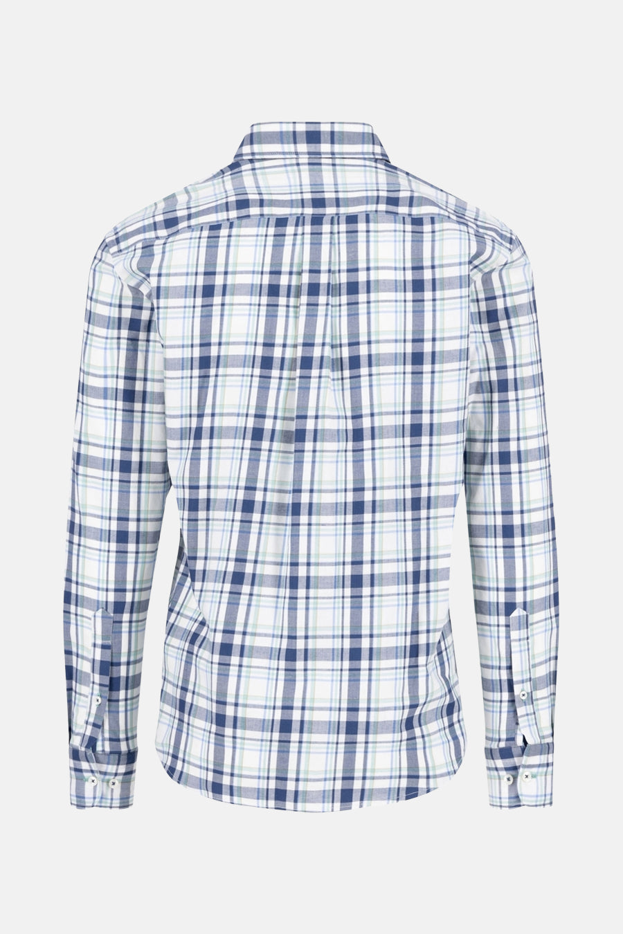 Chemise à manches longues multicolore de FYNCH-HATTON, à carreaux bleus, verts et blancs, vue de dos.