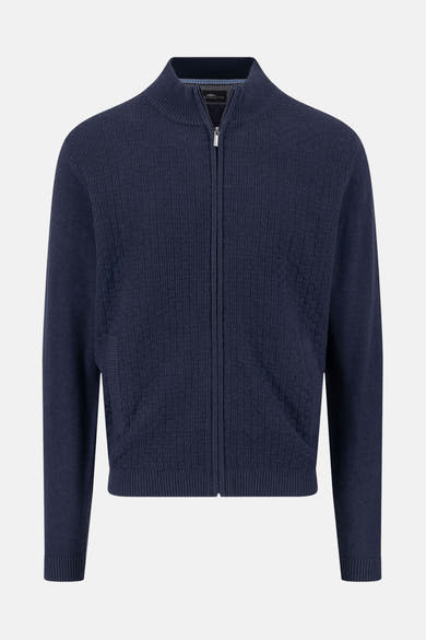 Blauwe bodywarmer van FYNCH-HATTON, bewerkte textuur, met ritssluiting en discrete zakken.
