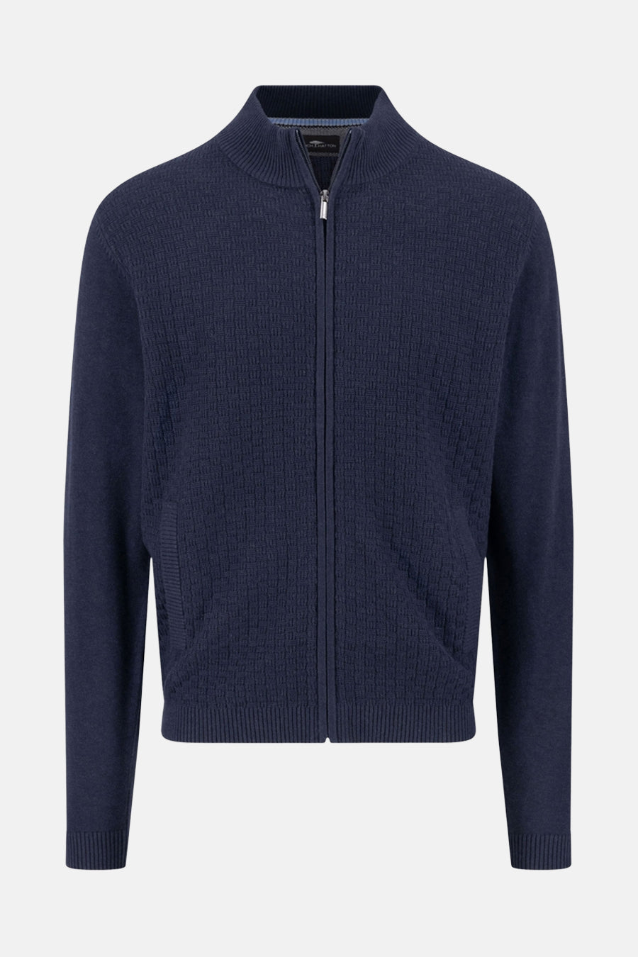 Blauwe bodywarmer van FYNCH-HATTON, bewerkte textuur, met ritssluiting en discrete zakken.