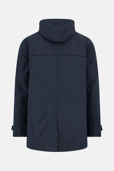 Imperméable bleu de FYNCH-HATTON, vue arrière avec capuche et coupe longue.