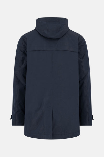 Imperméable bleu de FYNCH-HATTON, vue arrière avec capuche et coupe longue.