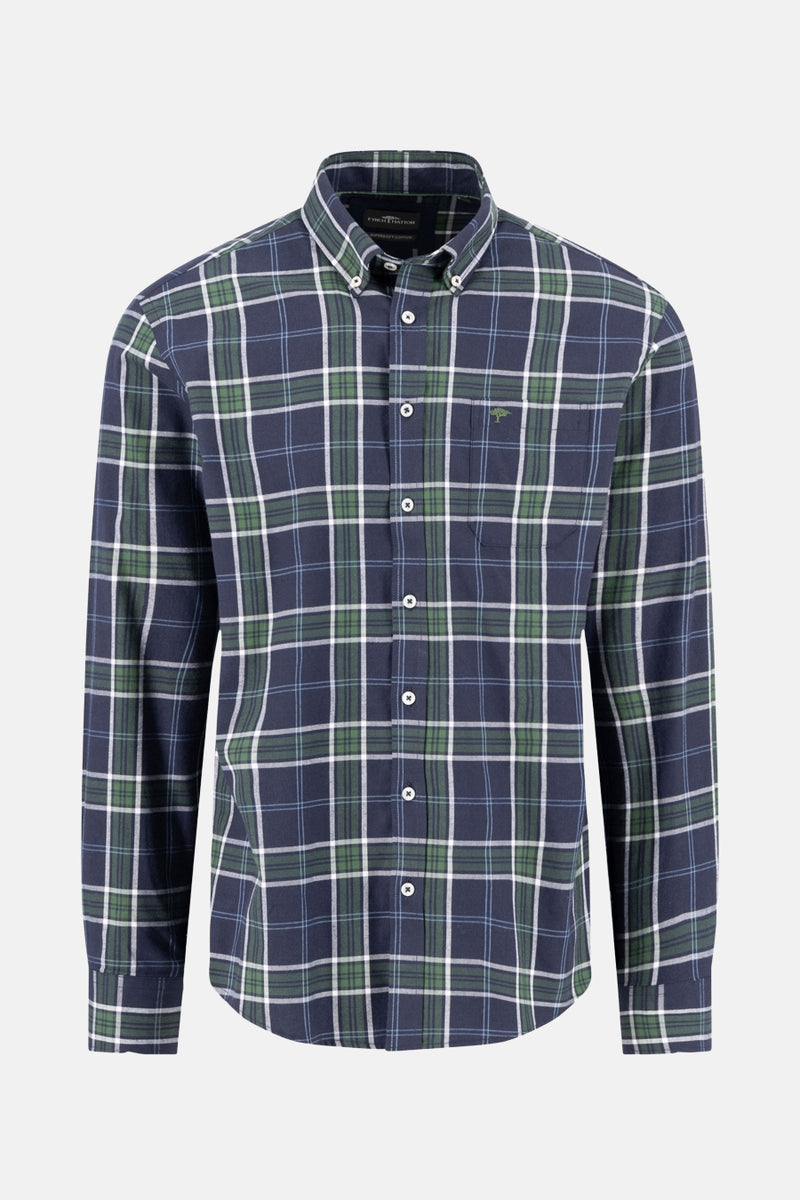 Multikleurig overhemd met lange mouwen van FYNCH-HATTON met een blauw, groen en wit ruitpatroon, achterzijde.