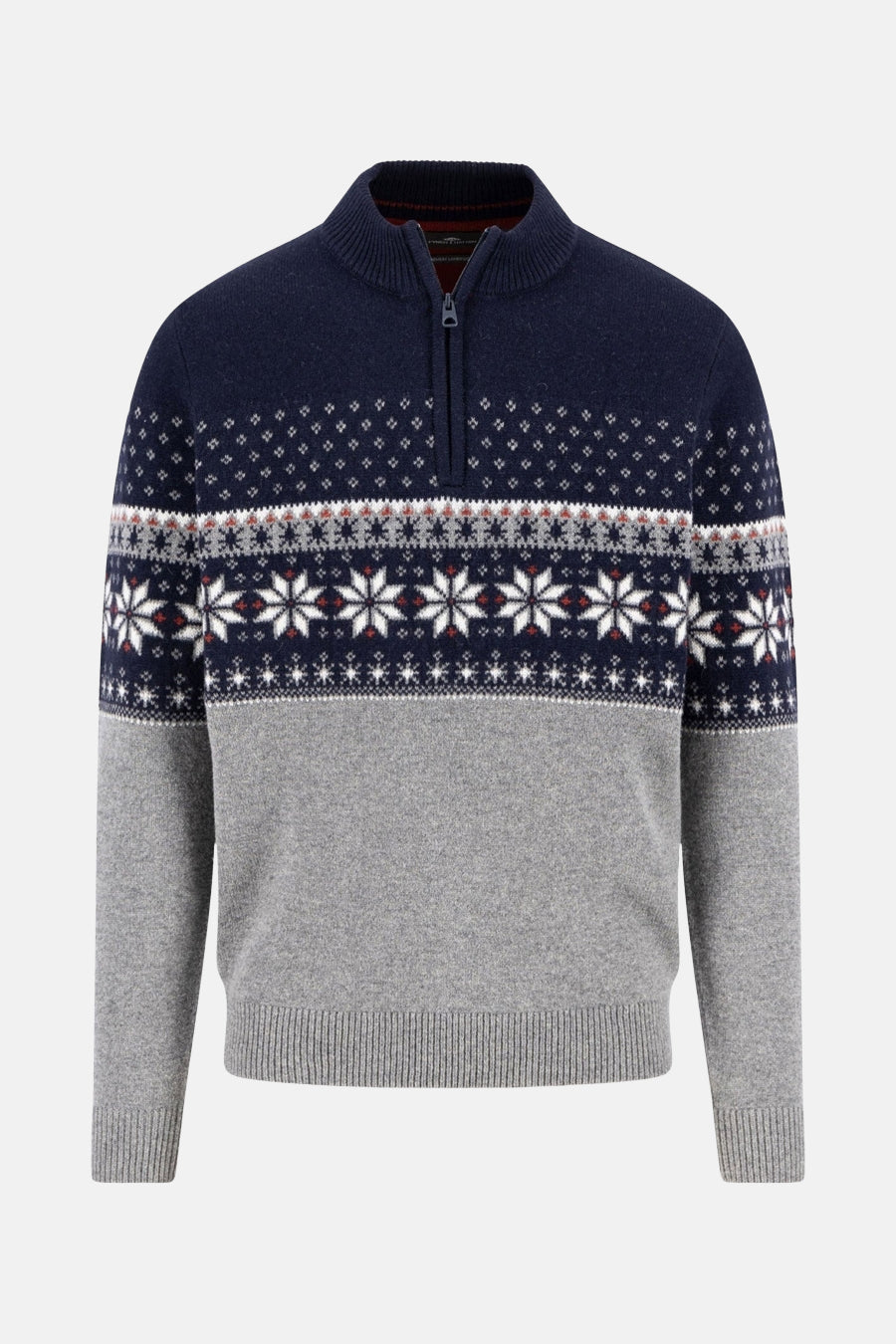 Pull multicolore à col rond de FYNCH-HATTON avec motif jacquard de flocons de neige.
