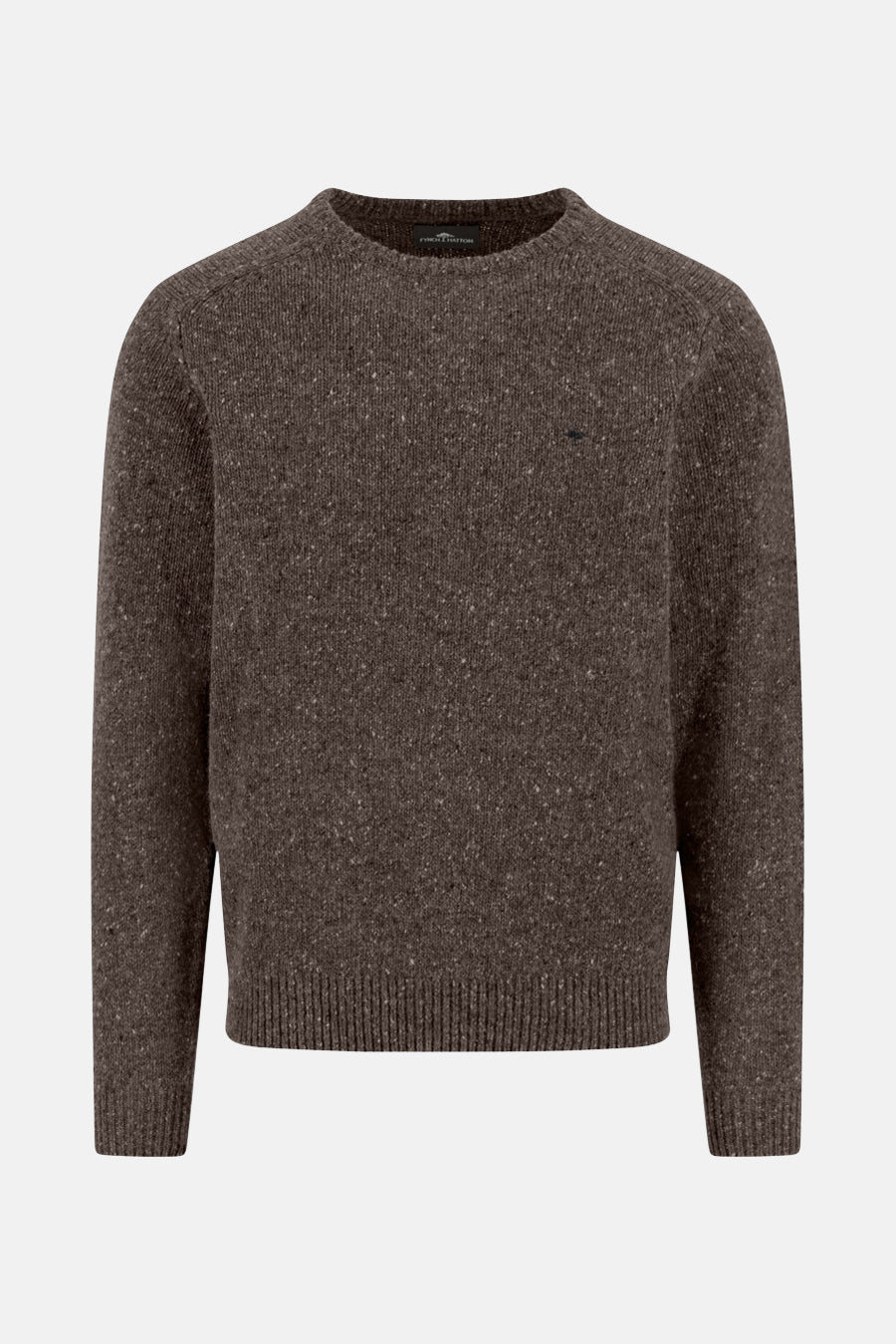 Ronde hals trui bruin van FYNCH-HATTON, met een gemêleerde textuur en een klein geborduurd logo.