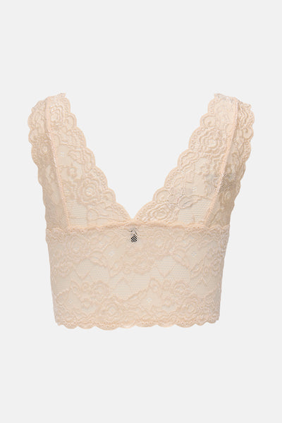 Beige bh in dentelle van ONLY® met een delicate bloemprint, doorzichtige textuur en V-vormige boord.