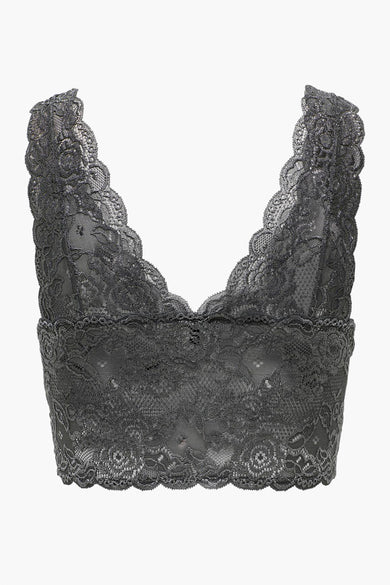 Soutien-gorge gris en dentelle par ONLY®, motif floral délicat et bordure festonnée.