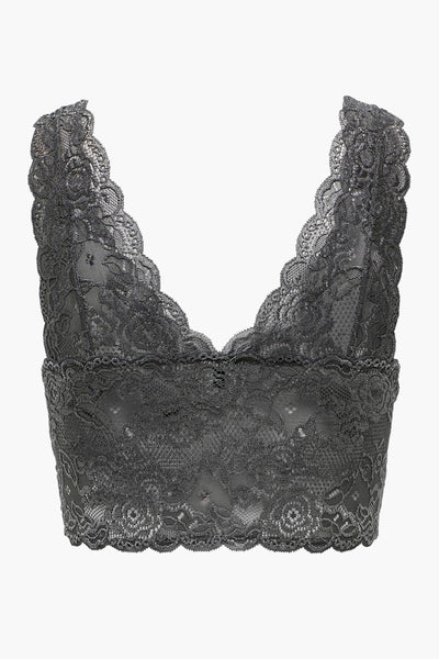 Soutien-gorge gris en dentelle par ONLY®, motif floral délicat et bordure festonnée.