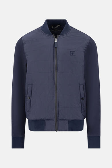 Veste bleue de FYNCH-HATTON avec manches en tricot, fermeture éclair et poches boutonnées.