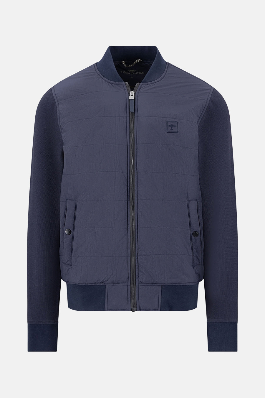 Veste bleue de FYNCH-HATTON avec manches en tricot, fermeture éclair et poches boutonnées.