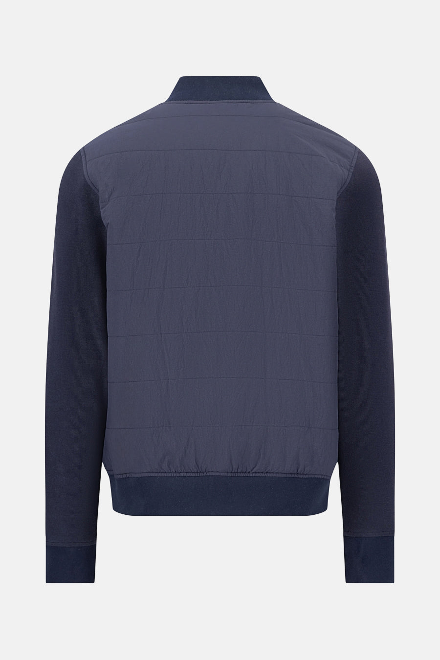 Veste bleue de FYNCH-HATTON avec corps matelassé et manches en tricot, vue de dos.