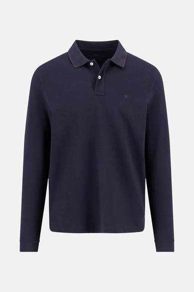 Polo à manches longues bleu de FYNCH-HATTON, avec un col contrasté et logo brodé sur la poitrine.
