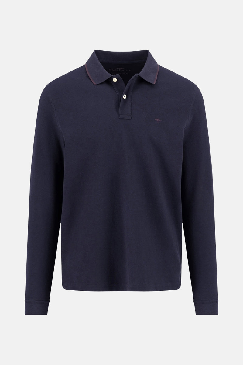 Blauwe polo met lange mouwen van FYNCH-HATTON, met een klassieke pasvorm en subtiele details bij de kraag.