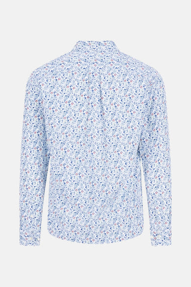 Chemise à manches longues bleue de FYNCH-HATTON, imprimé floral sur fond blanc, vue de dos.
