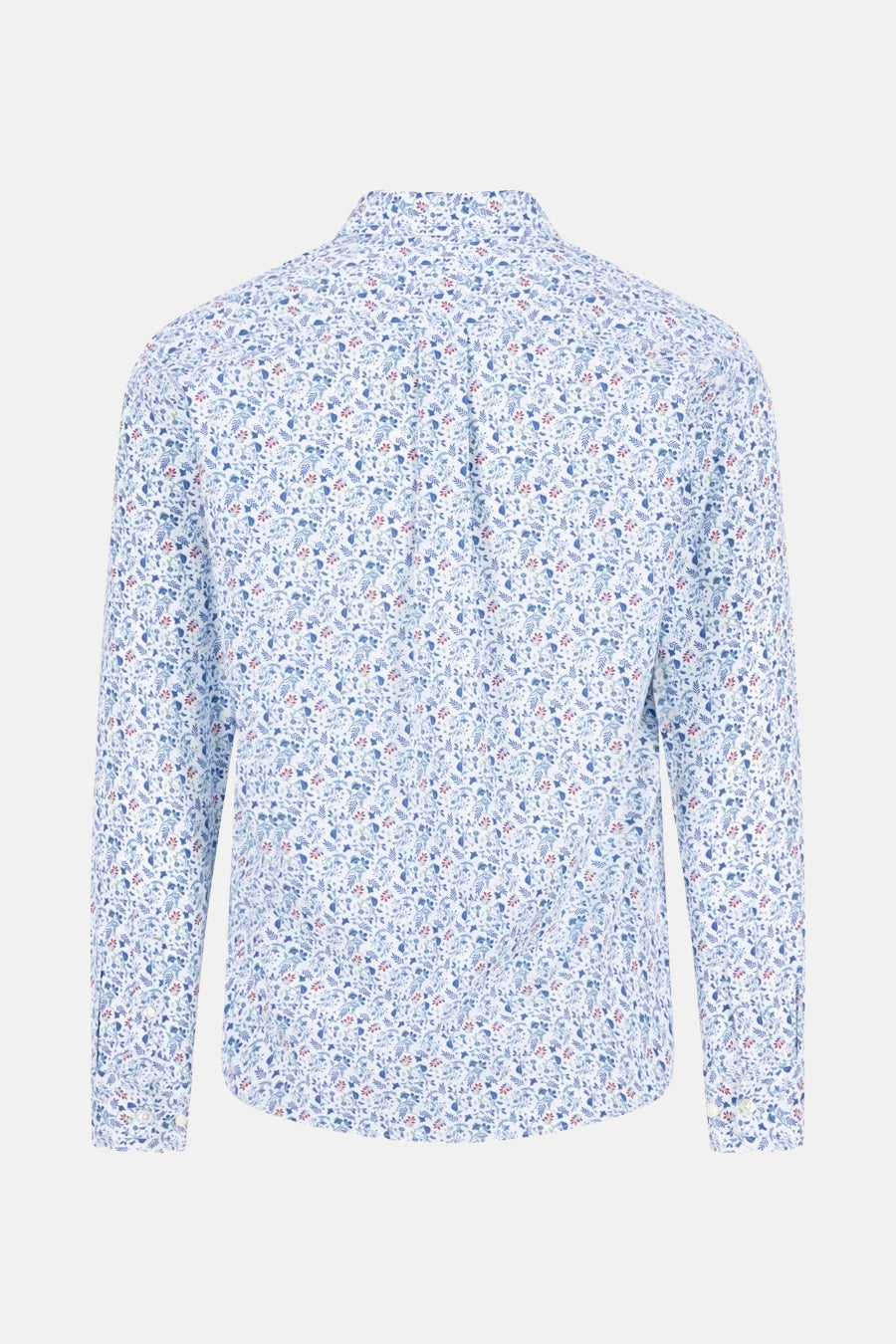 Chemise à manches longues bleue de FYNCH-HATTON, imprimé floral sur fond blanc, vue de dos.
