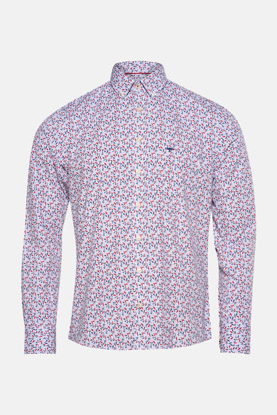 Chemise à manches longues rouge de FYNCH-HATTON, à motifs feuilles bleus et rouges.