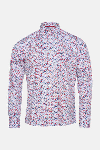 Rood gestreept overhemd met lange mouwen, van FYNCH-HATTON, met een bladpatroonprint.