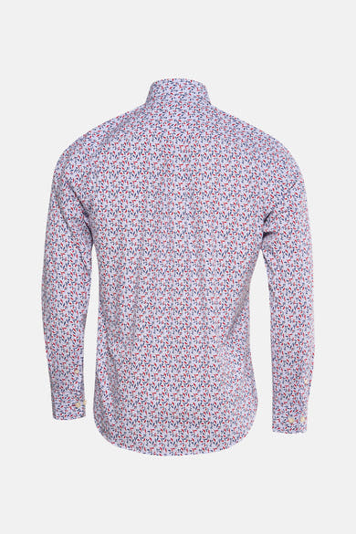 Chemise à manches longues rouge de FYNCH-HATTON avec motif à feuilles rouges et bleues, vue de dos.