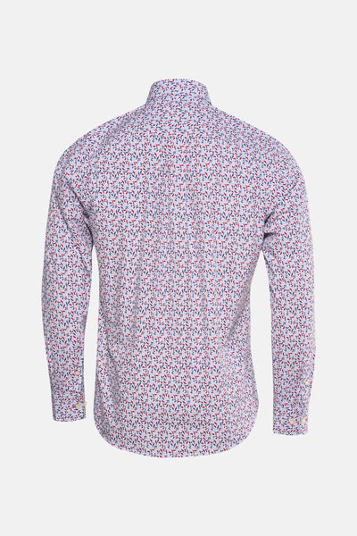 Chemise à manches longues rouge de FYNCH-HATTON avec motif à feuilles rouges et bleues, vue de dos.