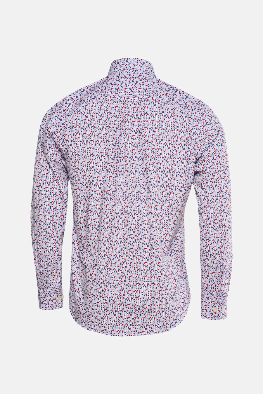 Chemise à manches longues rouge de FYNCH-HATTON avec motif à feuilles rouges et bleues, vue de dos.