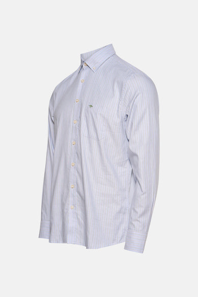 Chemise à manches longues bleue à rayures par FYNCH-HATTON, avec poche de poitrine.