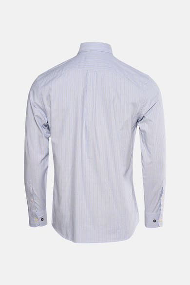 Chemise à manches longues bleue rayée de FYNCH-HATTON, vue de dos, avec des boutons aux poignets.