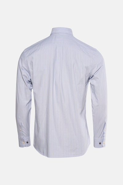 Chemise à manches longues bleue rayée de FYNCH-HATTON, vue de dos, avec des boutons aux poignets.