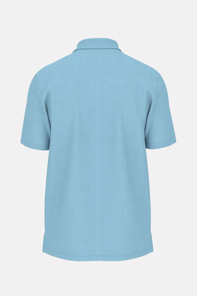 Blauw poloshirt met korte mouwen van FYNCH-HATTON, subtiel ruitpatroon, achterzijde.