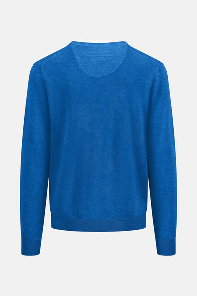 Pull à col en V bleu de FYNCH-HATTON, en maille fine, vue de dos.
