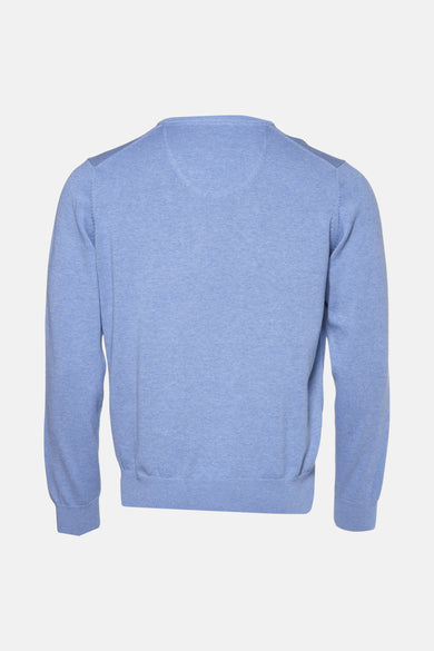 Pull en V bleu de FYNCH-HATTON, vue arrière, en maille fine, avec des épaules renforcées.