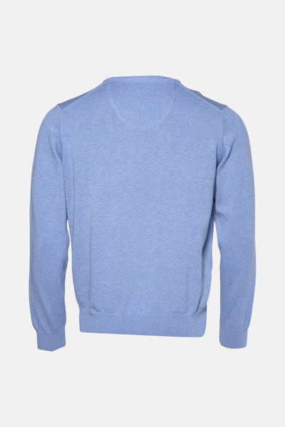 Pull en V bleu de FYNCH-HATTON, vue arrière, en maille fine, avec des épaules renforcées.