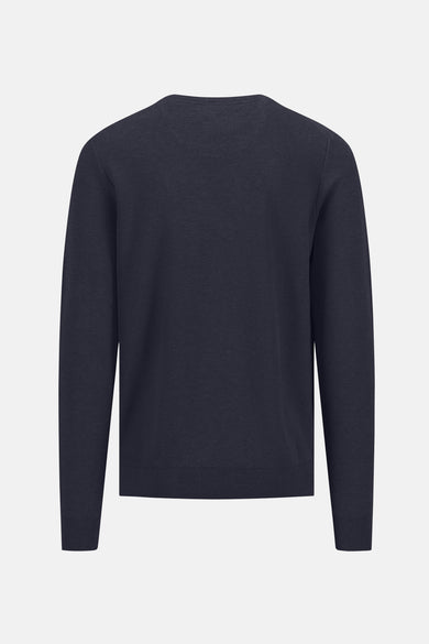 Pull à col rond bleu de FYNCH-HATTON, en maille texturée, présenté de dos sur fond clair.