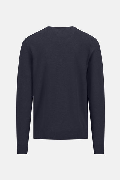 Pull à col rond bleu de FYNCH-HATTON, en maille texturée, présenté de dos sur fond clair.