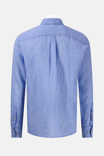 Blauwe blouse met lange mouwen van FYNCH-HATTON, achterkant, met centrale rugplooi.