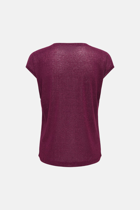 Deep fig short-sleeve t-shirt with subtle shimmer texture, back view, solid color, relaxed fit